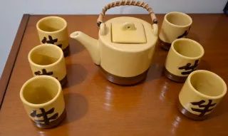 Bule de Chá e 6 Copos Cerâmica Bambu