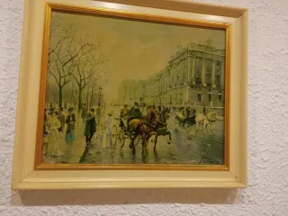 Cuadro antiguo escena callejera con carruajes