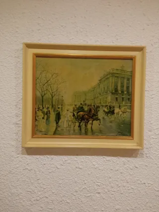 Cuadro antiguo escena callejera con carruajes