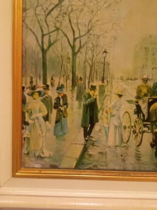 Cuadro antiguo escena callejera con carruajes