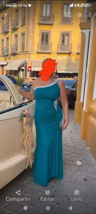 Vestido de fiesta verde azulado y gris corto