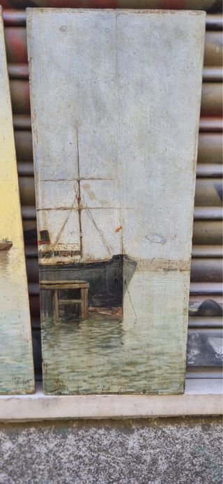 2 Cuadros Antiguos Pintados Barcos