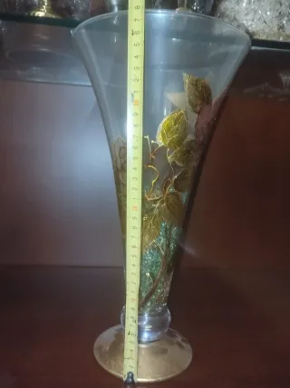 Jarrón cristal pintado rosa y hojas doradas