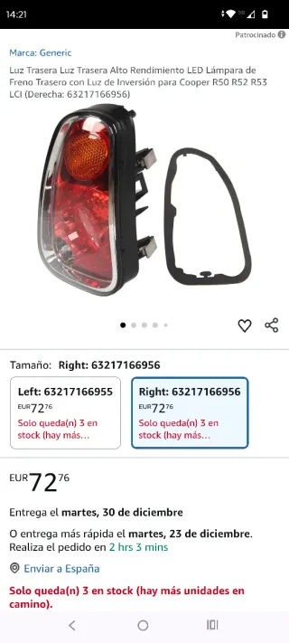 Piloto trasero Mini Cooper R50 R52 R53 LCI