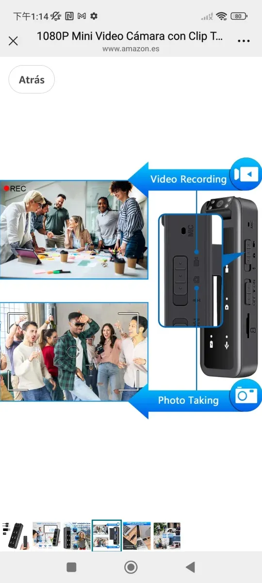 Cámara Mini Video 1080P con Clip Trasero