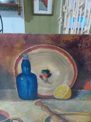Pintura antigua bodegón sobre madera