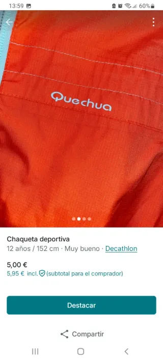 Chaqueta deportiva Quechua naranja Talla 12 años