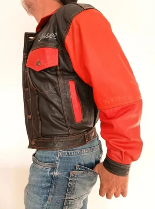 Cazadora Cuero Vintage Negra y Roja