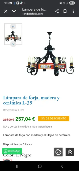 Lámpara de forja, madera y cerámica