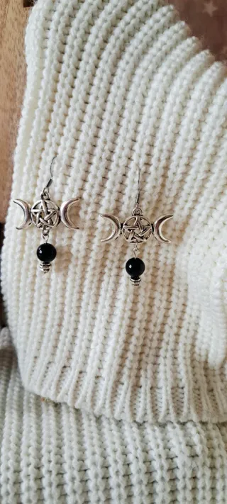 Pendientes Triple Luna y obsidiana