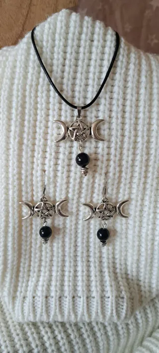Pendientes Triple Luna y obsidiana