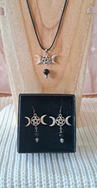 Pendientes Triple Luna y obsidiana