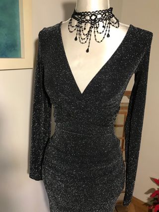 Vestido fiesta plateado y negro