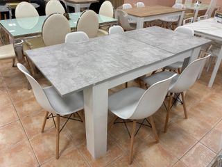 Mesa extensible Cemento Blanco + 6 sillas blancas