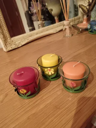 Portacandele in vetro e metallo con candele incluse