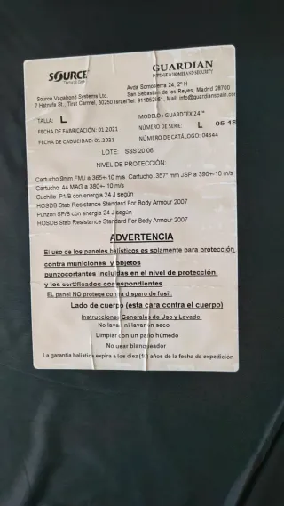 Panel trasero Rabintex Guardtex Nivel IIIA