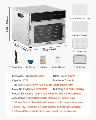Disidratatore Alimentare 6 Vassoi in Acciaio Inox