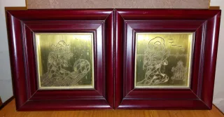 Quadri incisi in metallo dorato e legno