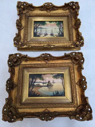 2 Piccoli Quadri ad Olio con Cornice Dorata
