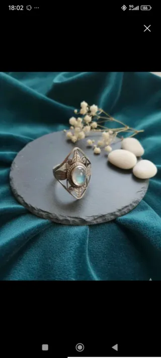 Anillo Plata Piedra Lunar Diseño Floral