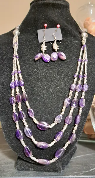 Collana Ametista 3 Giri + Orecchini