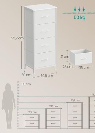SONGMICS Comodino, 4 Cassetti in Tessuto, Acciaio, MDF, Tessuto Non Tessuto, per Camera da Letto