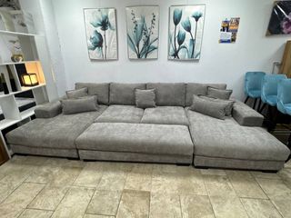 Sofá Chaise Longue Extendido XL Gris Con Puff