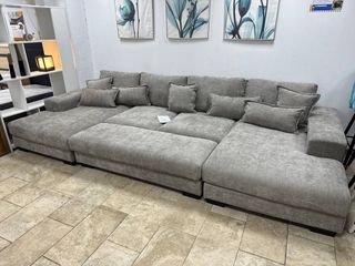 Sofá con 8 Cojines Decorativos y Puff Gris NUEVO