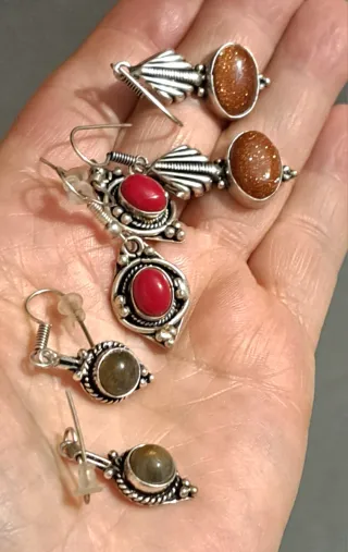 3 paia orecchini indiani pietre labradorite bambù