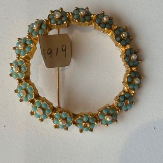Broche Vintage Flores Turquesa Perla Oro