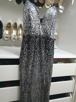 Vestido largo lentejuelas negro y plateado