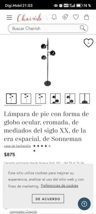 Lámpara pie Sonneman cromada globo ocular vintage