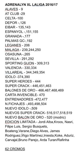 Adrenalyn XL Liga 2016-17 Cromos Faltantes