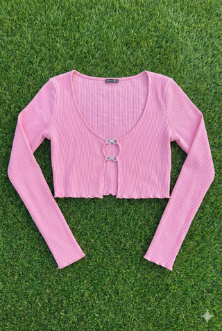 Bershka Top Canalé Rosa con Detalle Metálico