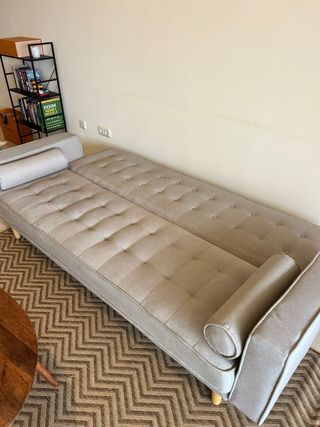 Sofá Cama Beige/Gris Tela y Madera