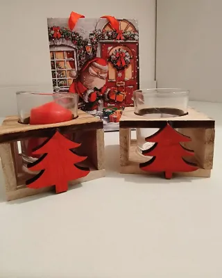 Set 2 Portacandele MyHome Legno Vetro Rosso