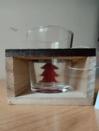 Set 2 Portacandele MyHome Legno Vetro Rosso