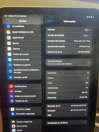 iPad mini Gris A17 Pro Batería 100%