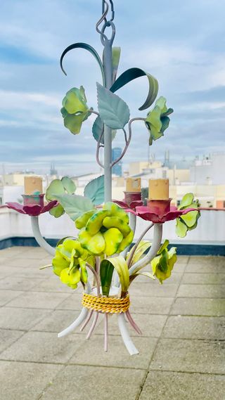 Lampada Vintage in Metallo con Fiori Rosa e Verde