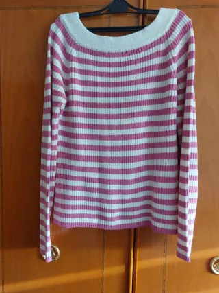 Jersey rayas cuello barco rosa y blanco