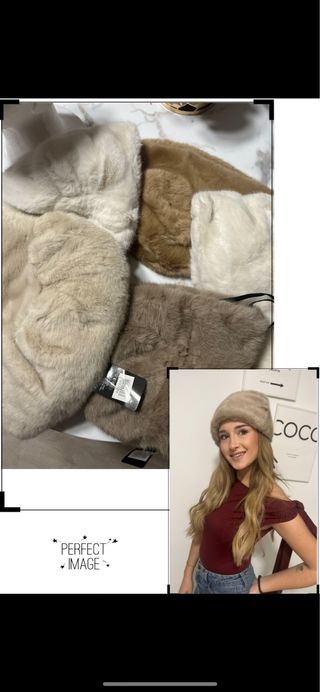 Gorro de pelo beige y marrón camel y blanco