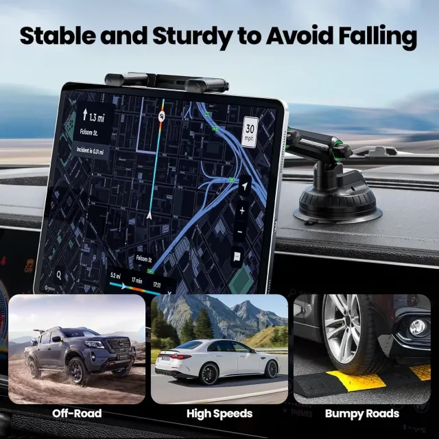 Supporto per Tablet da Auto per Parabrezza, Supporto per iPad con Ventosa Regolabile per Braccio per Auto, Supporto per Tablet per Smartphone e Tablet da 4,7-9,7 Pollici per Auto e Scrivania (Nero)