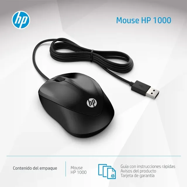 HP 1000 - Mouse con Cavo (1200 DPI, 2 Tasti e Scroll Wheel, 1,5 m di Cavo, USB, Windows), Nero