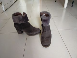 Botines piel ante gris con pelo. Tacón 7 cm