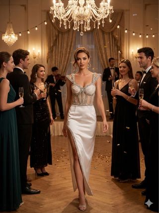 Vestido de fiesta plateado y blanco