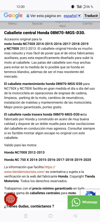 Caballete central Honda NC750X NC700X 2012-2020