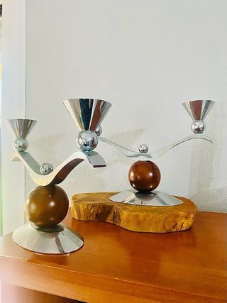 Candelabri vintage in metallo e legno