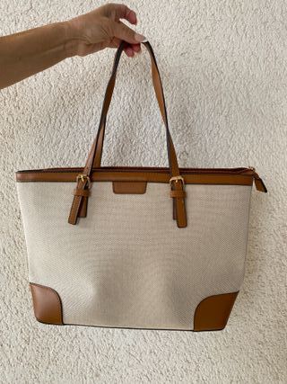 Bolso Tote Lona y Piel Beige