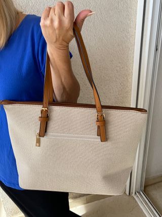 Bolso Tote Lona y Piel Beige