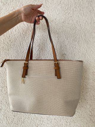 Bolso Tote Lona y Piel Beige